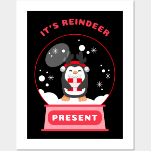 It Is Reindeer Present Penguin (Red) Posters and Art